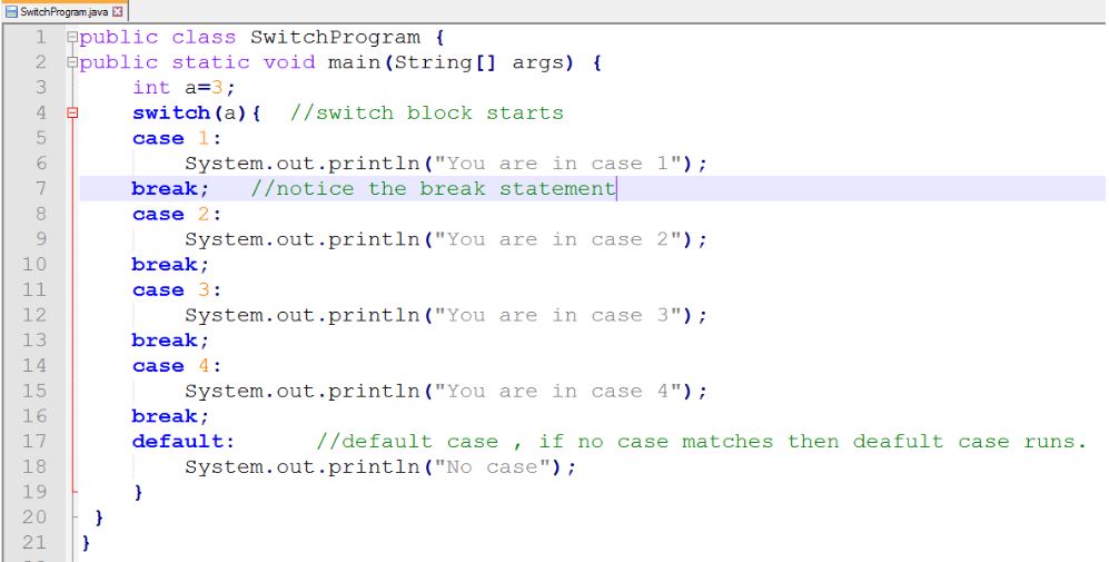 This image describes the sample program for switch control statements in java.